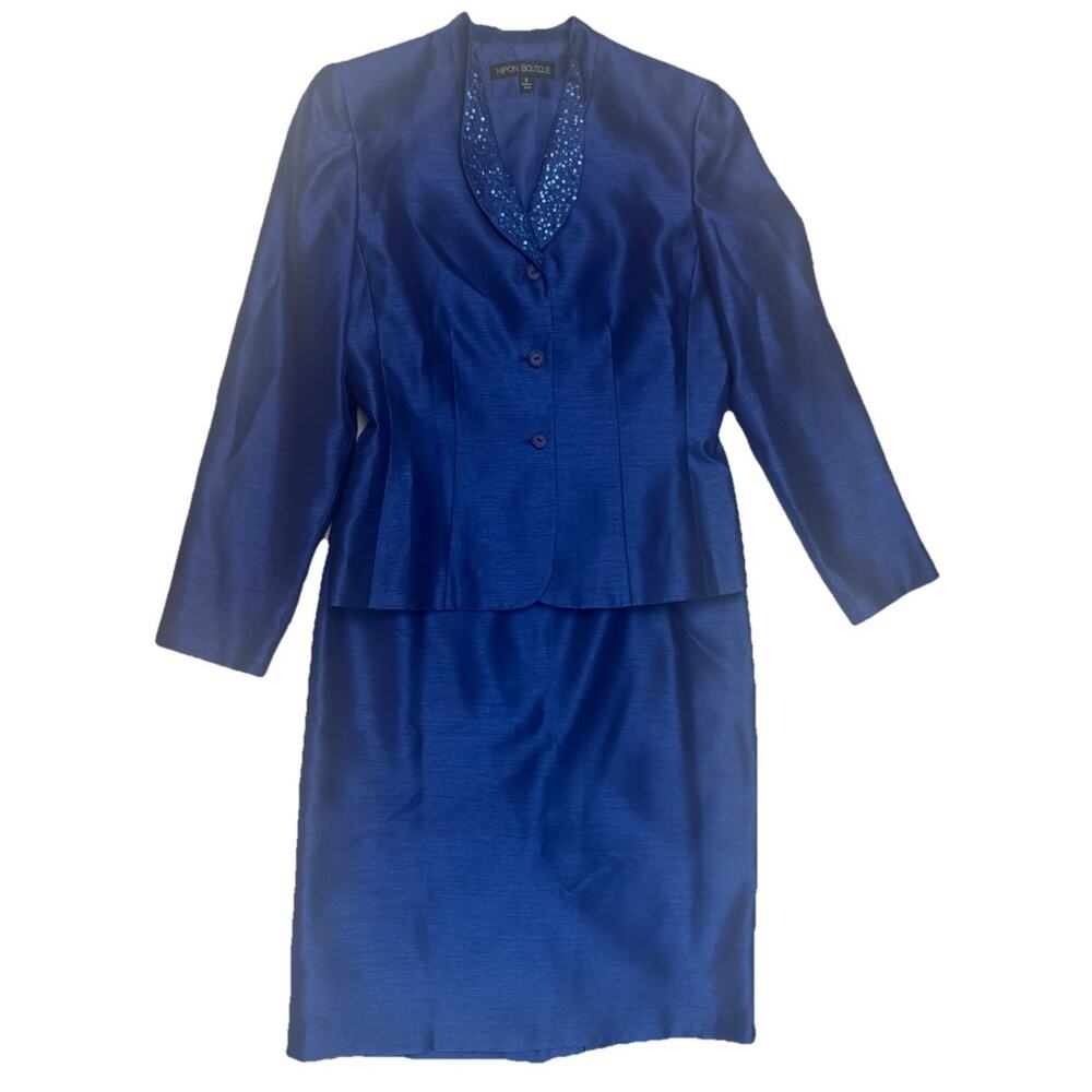 Nipon Boutique Blue Sequin Collar Skirt Suit Womens Size 8 Career Church